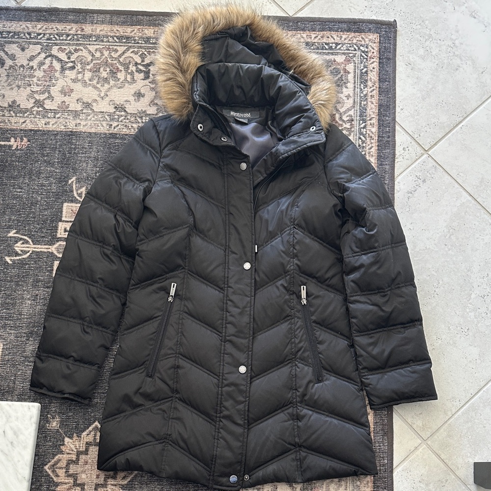 Kenneth Cole Reaction Down Black Puffer Jacket with Faux Fur Trim